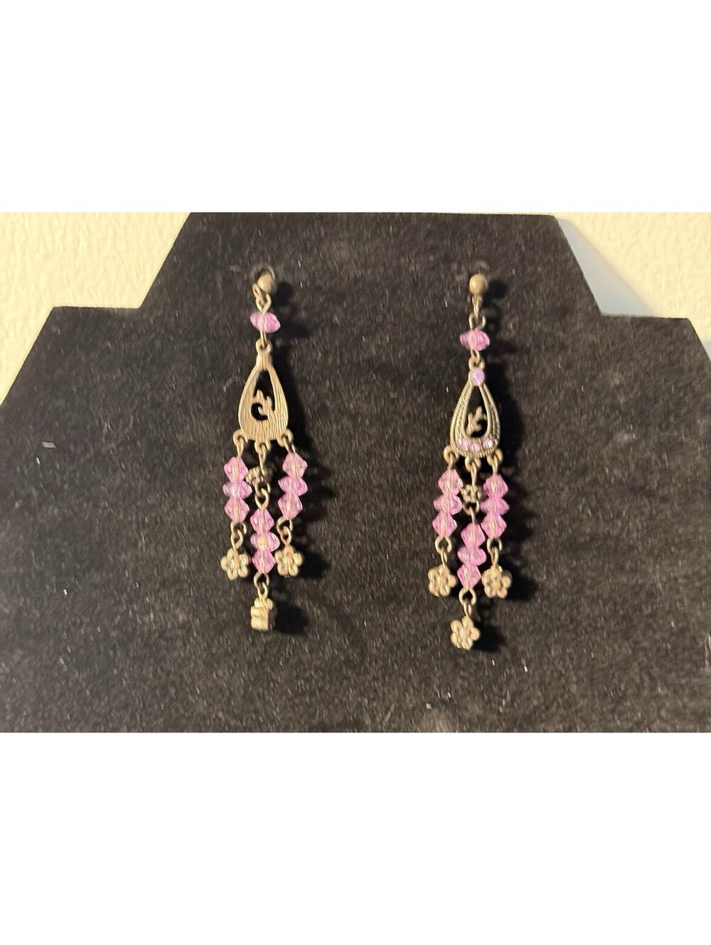 Vtg Antique Brass Chandelier Earrings With Pink Faceted Romantic 2.5 In
